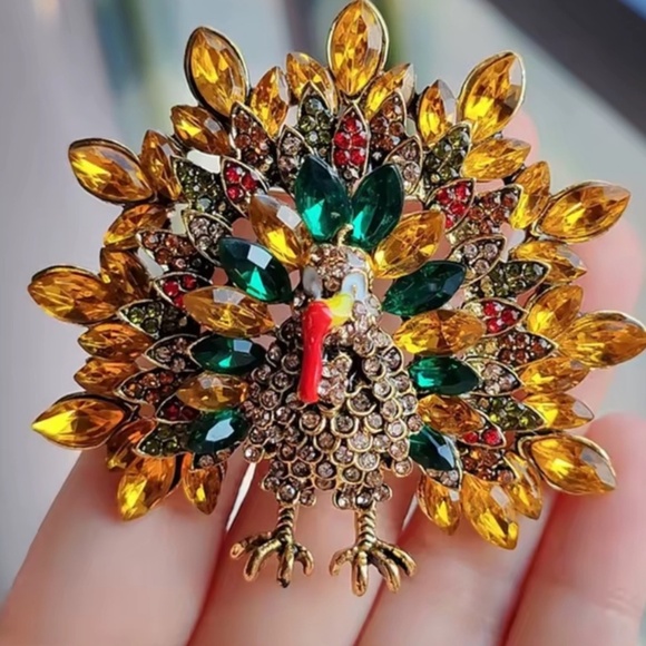 Luxury Turkey Rhinestone Brooch PinColorful Vintage Bird JewelrySt